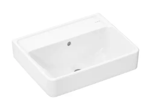 Weißes Handwaschbecken mit rechteckigem Design, ohne Hahnloch und mit Überlauf, von Hansgrohe. Einheitlicher Glanz ohne sichtbare Störungen.